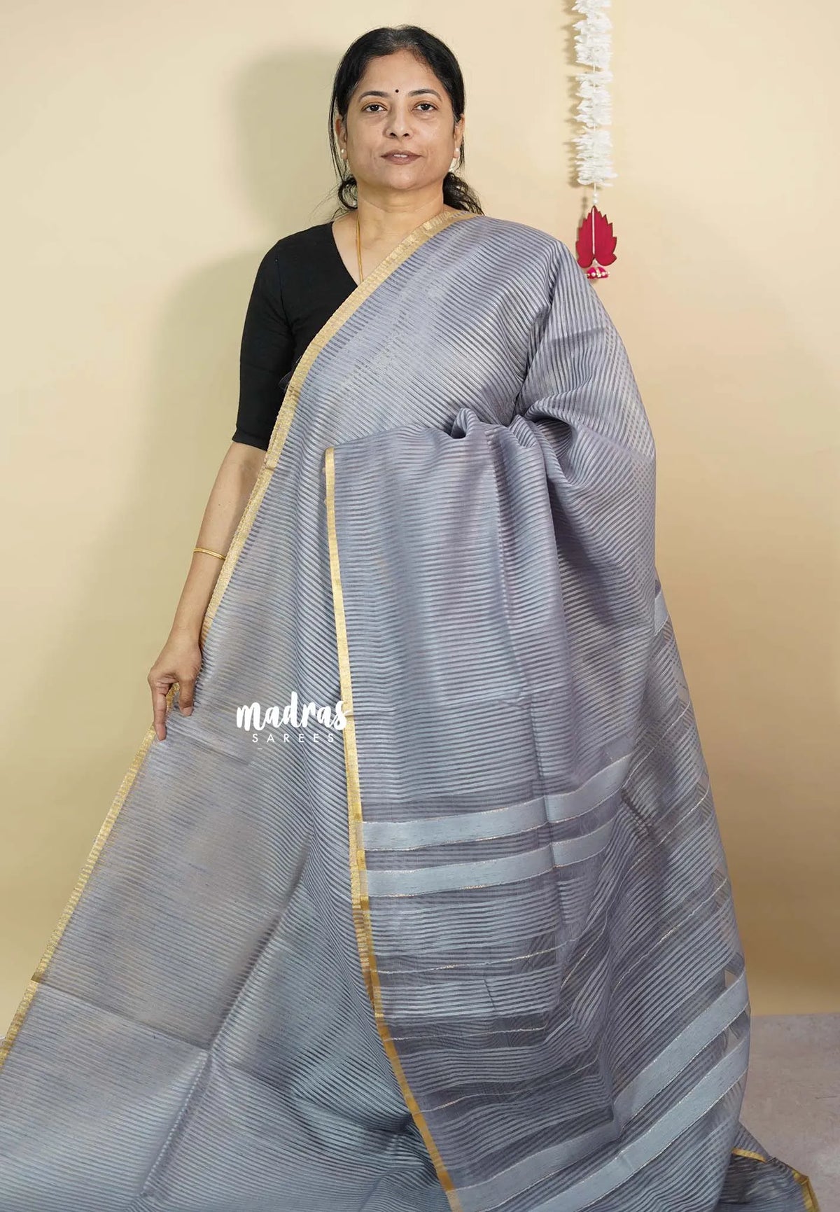Grey  - Soft Organza silk with stripes weaving with small zari border