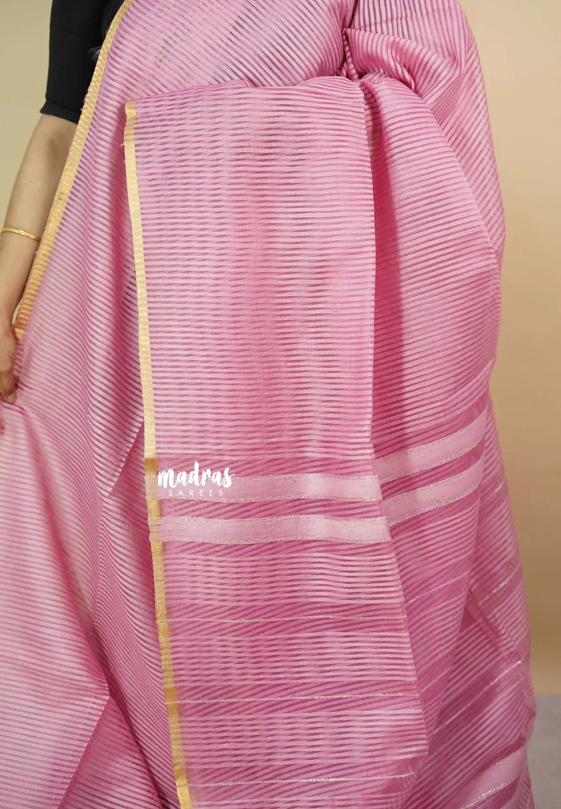 Pink  - Soft Organza silk with stripes weaving with small zari border