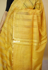 Mustard Yellow - Soft Organza silk with stripes weaving with small zari border
