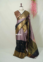 Jet Black with Mauve and Maroon Border - Kanimozhi - Soft Silk Saree Half and Half Saree with Buttas - Best for Wedding Functions