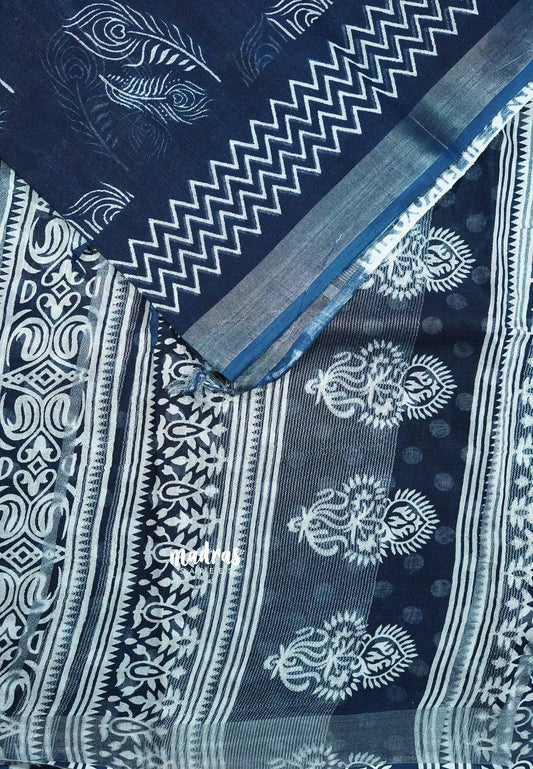 Indigo Blue - Soft linen cotton with feather prints