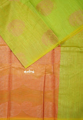 Dual Shade Pretty Parrot Green - Soft jute banarasi with lotus buttas contrast pallu and tissue blouse- Best for Wedding Functions