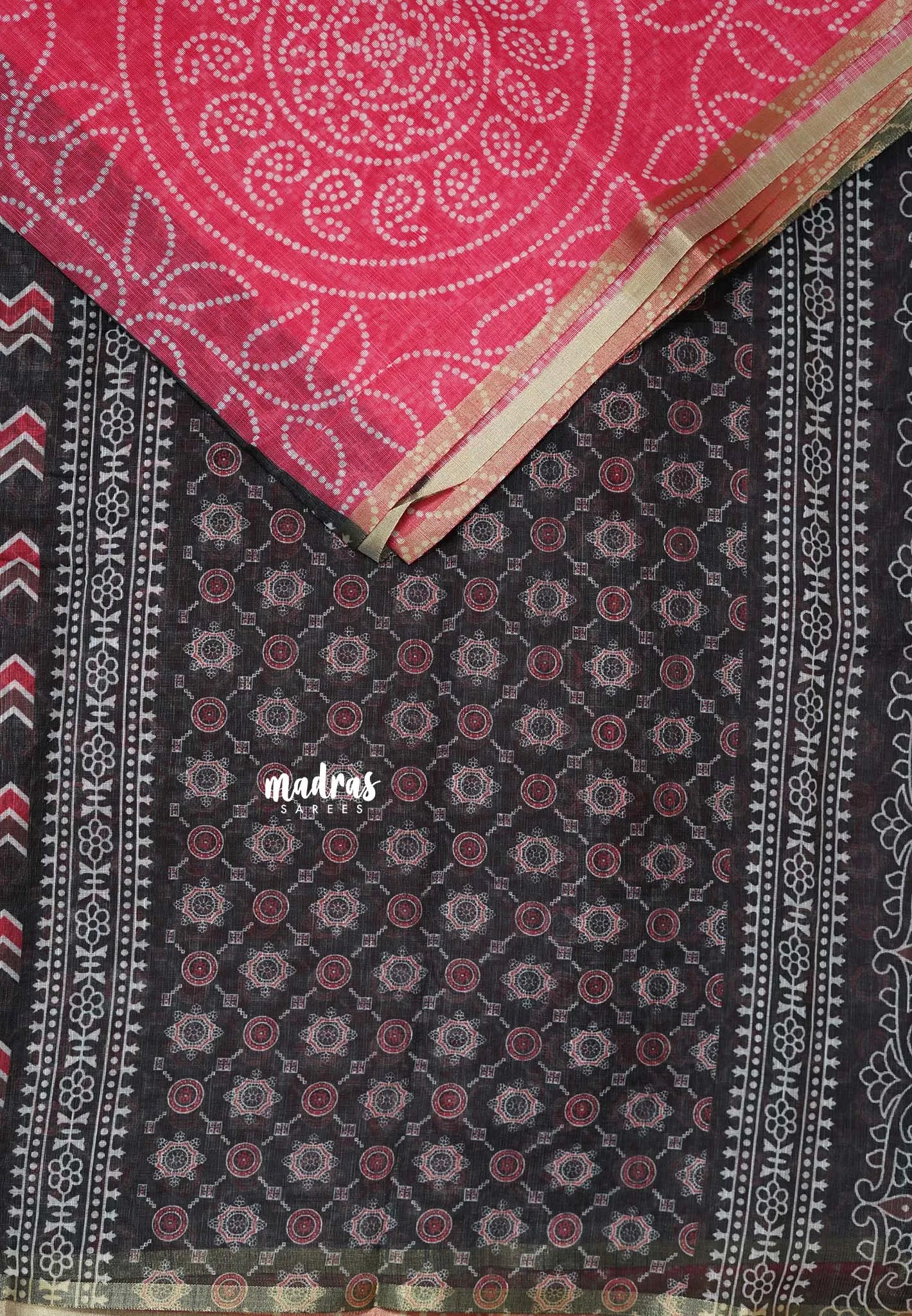 Bright Pink - Soft linen cotton bhandani prints with ajrakh pallu and blouse with tiny border