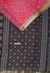 Bright Pink - Soft linen cotton bhandani prints with ajrakh pallu and blouse with tiny border