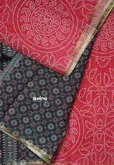 Muted Red - Soft linen cotton bhandani prints with ajrakh pallu and blouse with tiny border