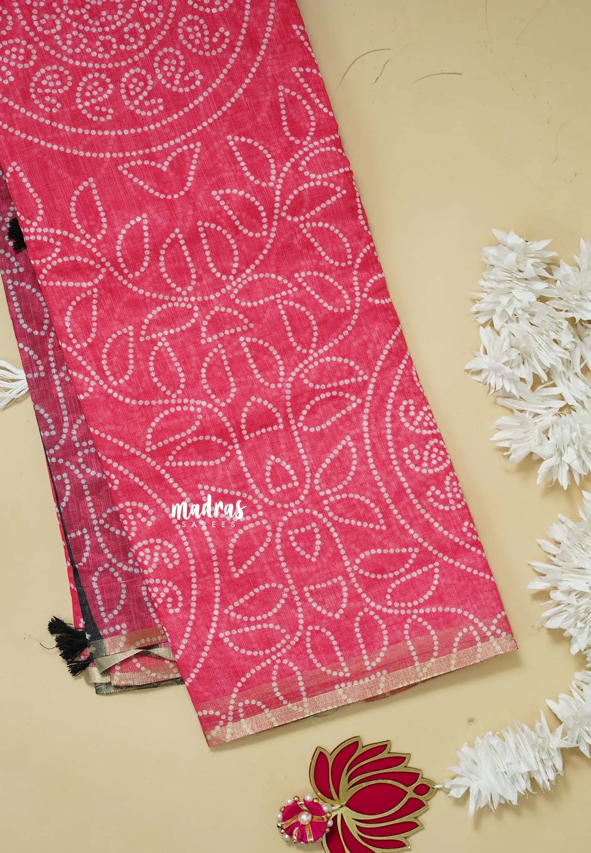 Bright Pink - Soft linen cotton bhandani prints with ajrakh pallu and blouse with tiny border