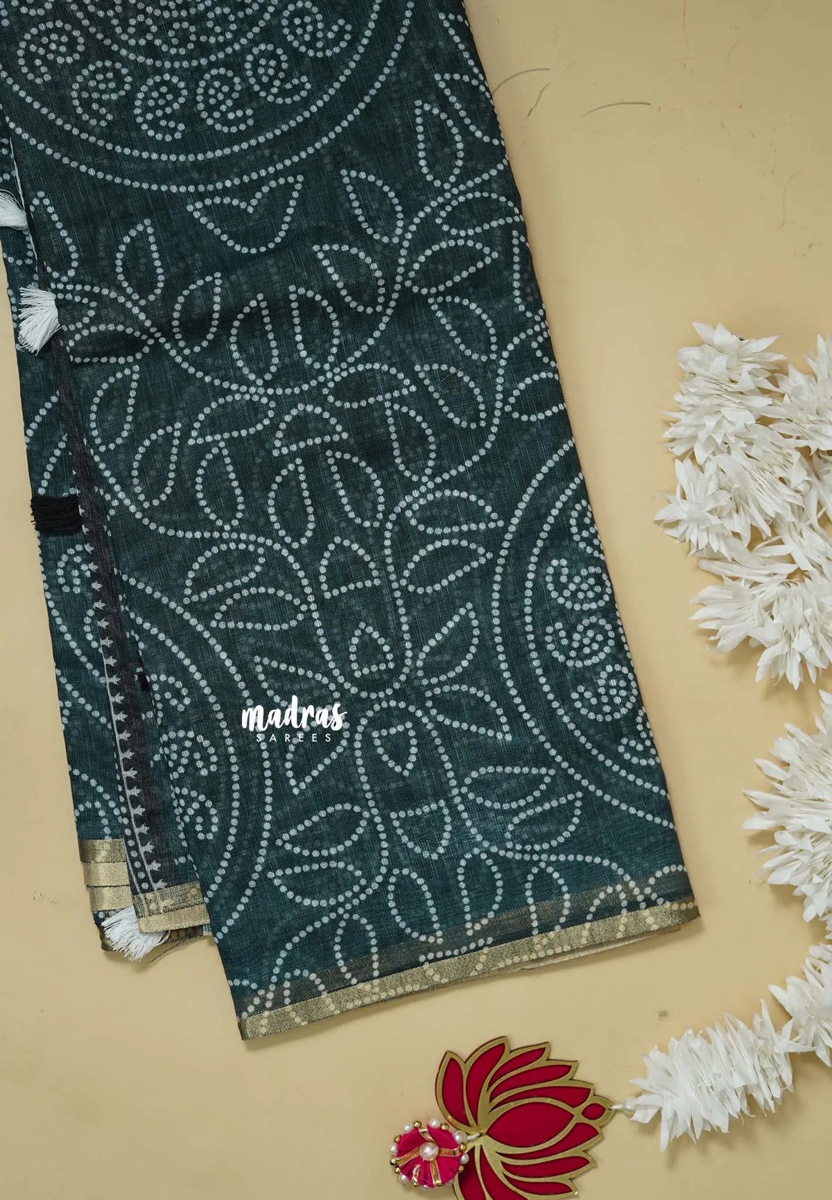 Teal Green - Soft linen cotton bhandani prints with ajrakh pallu and blouse with tiny border