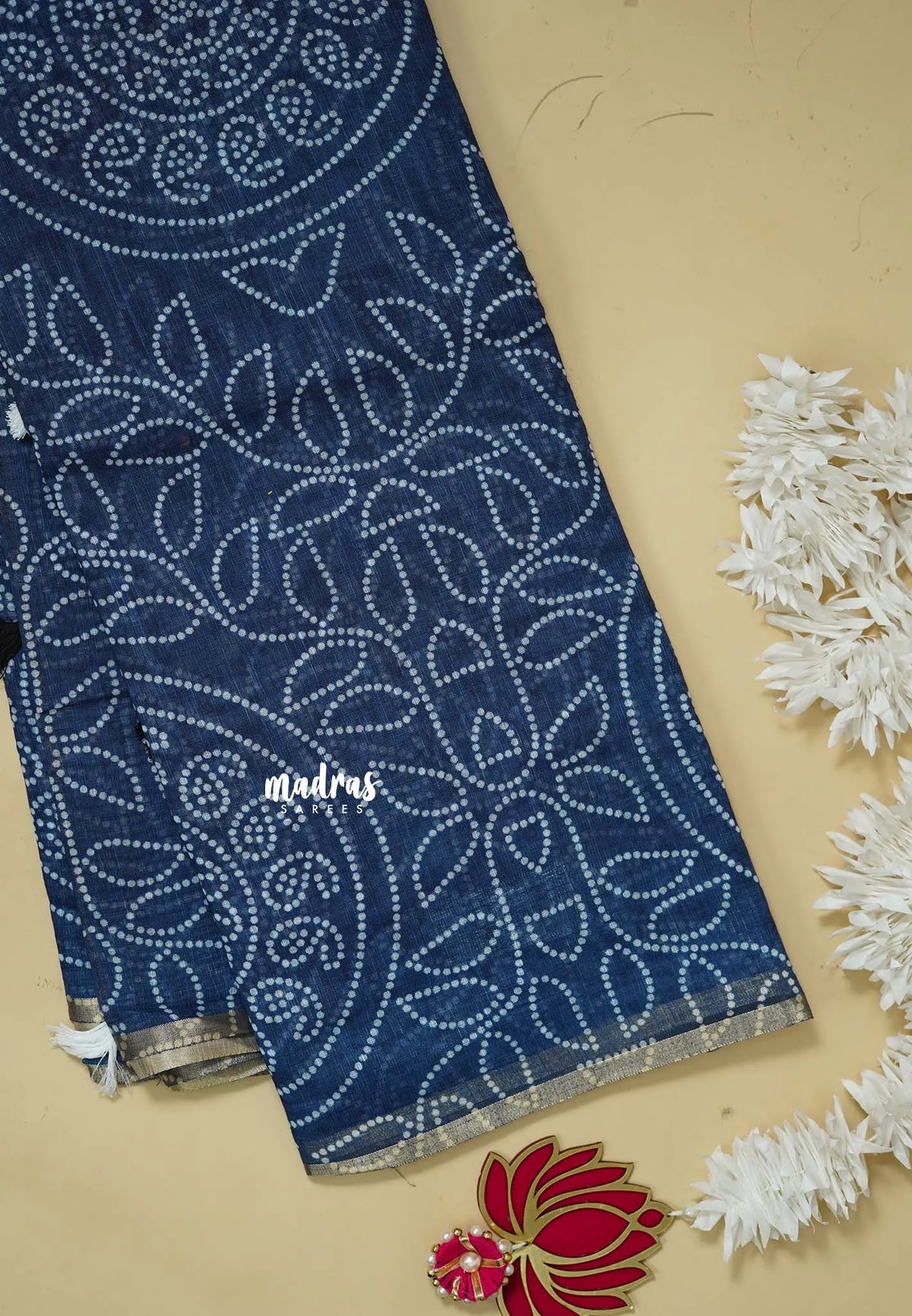 Indigo Blue - Soft linen cotton bhandani prints with ajrakh pallu and blouse with tiny border