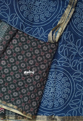 Indigo Blue - Soft linen cotton bhandani prints with ajrakh pallu and blouse with tiny border