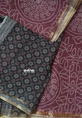 Muted Wine Brown - Soft linen cotton bhandani prints with ajrakh pallu and blouse with tiny border