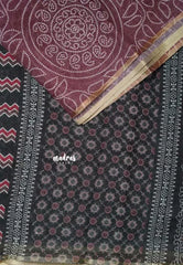 Muted Wine Brown - Soft linen cotton bhandani prints with ajrakh pallu and blouse with tiny border