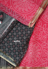 Bright Pink - Soft linen cotton bhandani prints with ajrakh pallu and blouse with tiny border