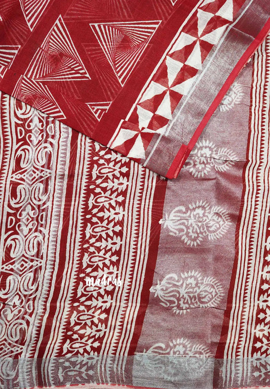 Dark Red - Soft linen cotton with triangle prints