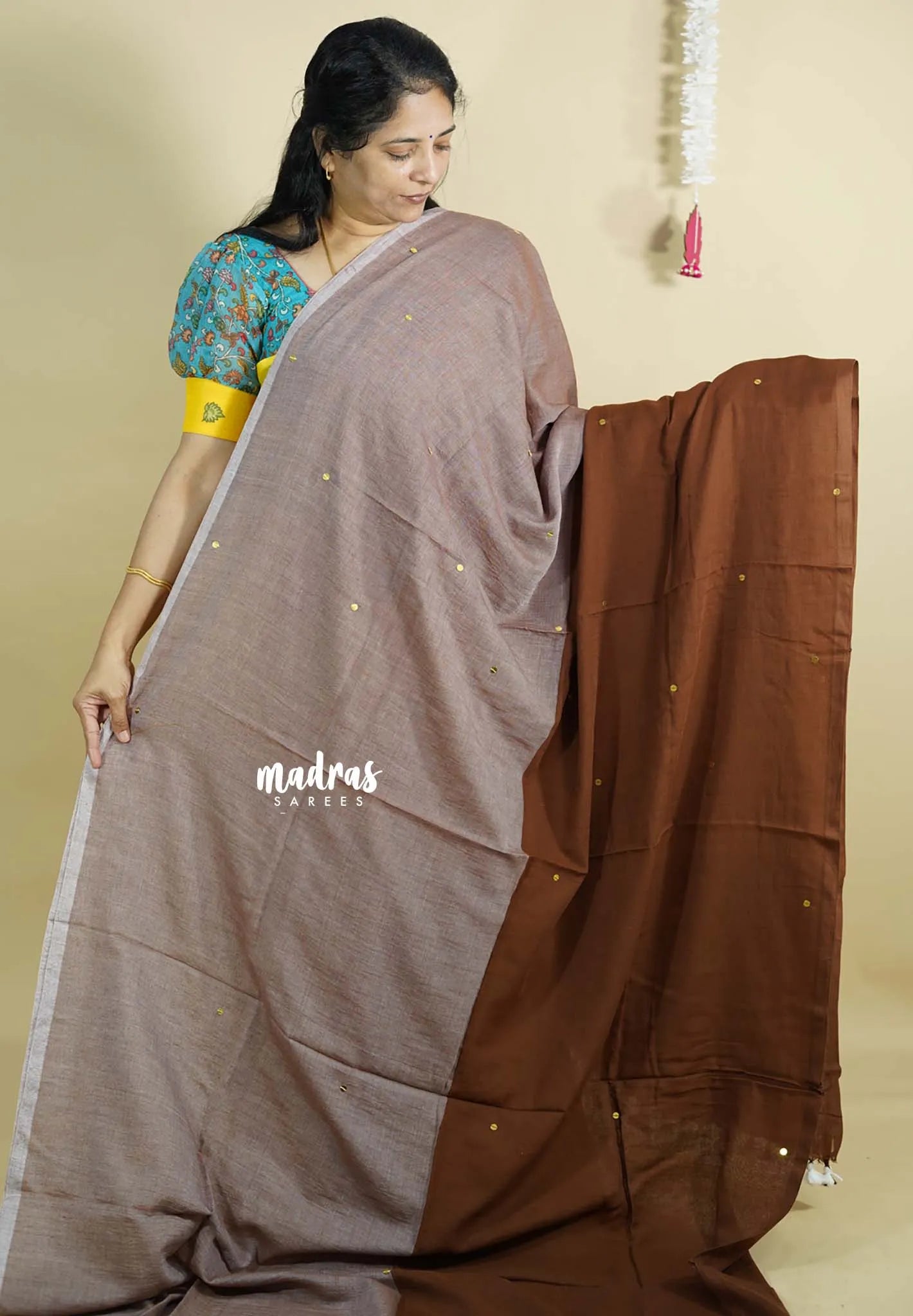 Brownish Grey and Chocolate Brown - Soft mul cotton with gini works half and half pattern No Blouse
