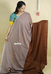 Brownish Grey and Chocolate Brown - Soft mul cotton with gini works half and half pattern No Blouse