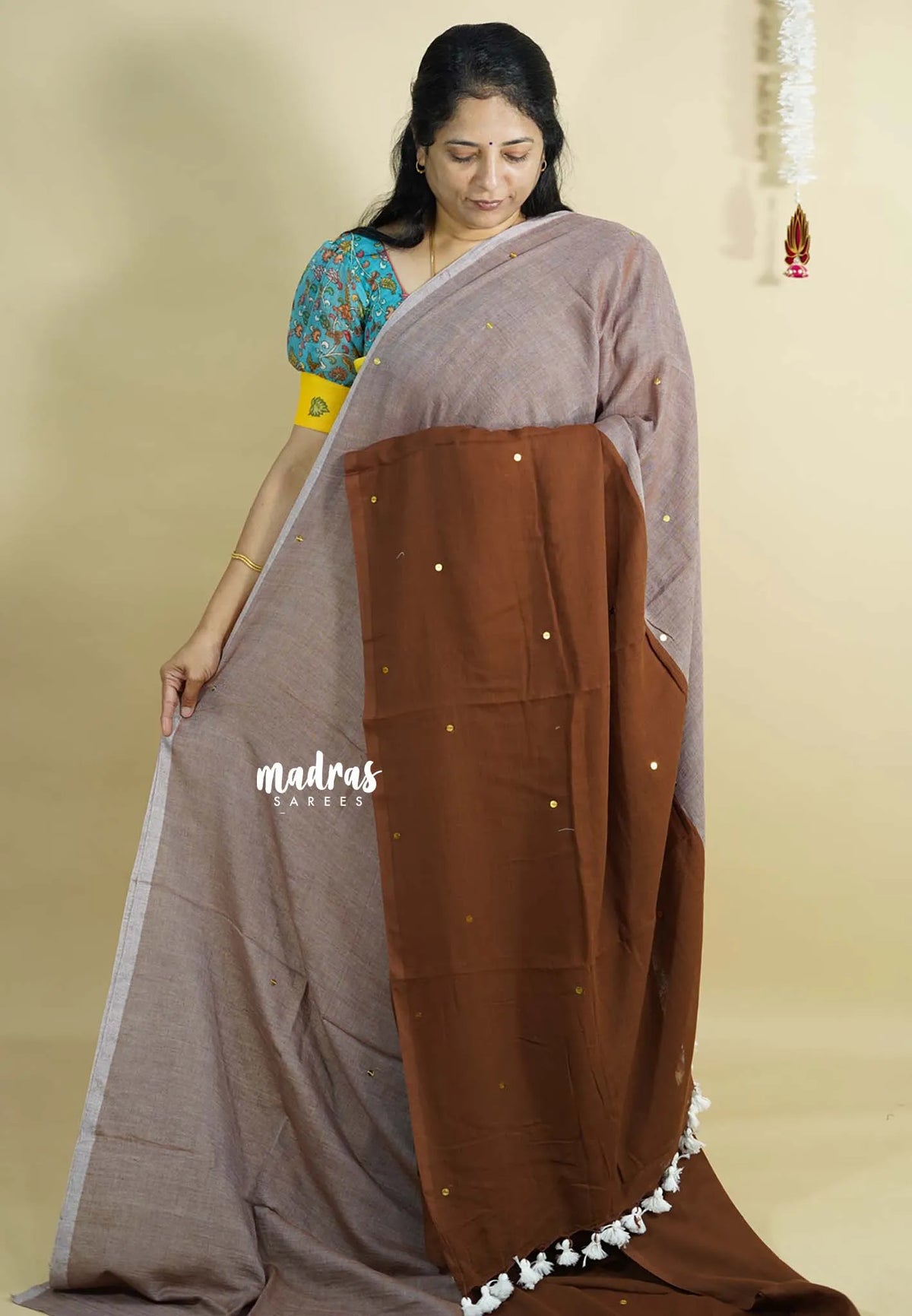 Brownish Grey and Chocolate Brown - Soft mul cotton with gini works half and half pattern No Blouse