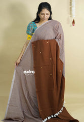 Brownish Grey and Chocolate Brown - Soft mul cotton with gini works half and half pattern No Blouse
