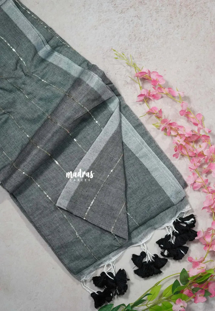 Moonstone Grey - Soft Mul cotton with Jamki work and No Blouse - Perfect for Evening party | Reception | Award function