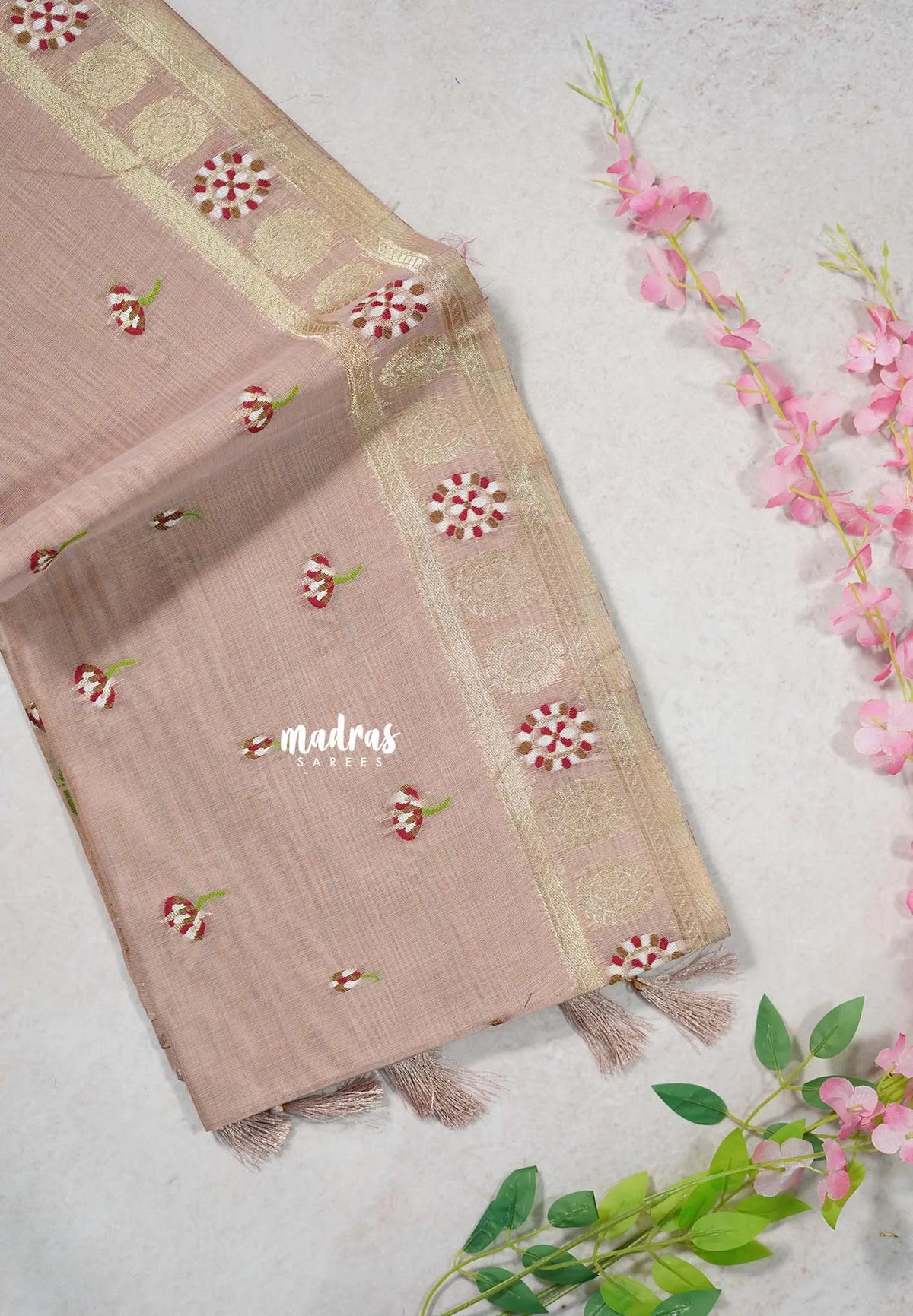 Muted Peach - Soft Muslin Silk with Floral Thread Weaving Buttas - Perfect for Office Wear