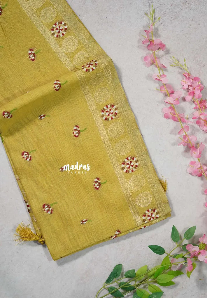 Mustard Yellow - Soft Muslin Silk with Floral Thread Weaving Buttas - Perfect for Office Wear
