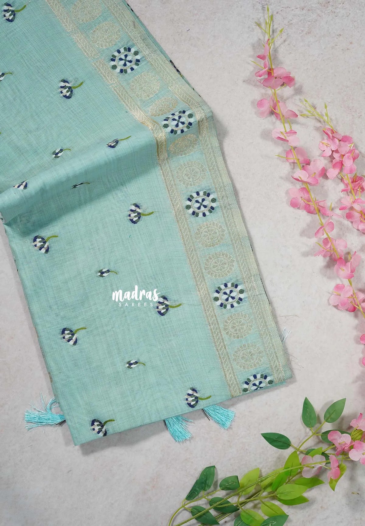 Muted Aqua Blue - Soft Muslin Silk with Floral Thread Weaving Buttas - Perfect for Office Wear