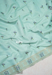 Muted Aqua Blue - Soft Muslin Silk with Floral Thread Weaving Buttas - Perfect for Office Wear