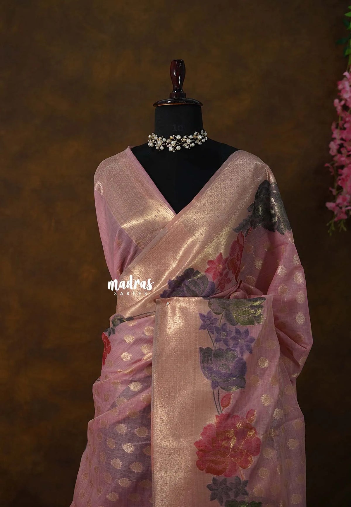 Mauve Pink - Muslin Silk with Full Flower Weaving  - Perfect for Festive Wear
