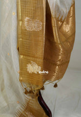 Ivory Beige with Musturd - Soft Muslin Silk Saree with Ikkat Weaving and Checks Border Weaving Buttas - Elegant Office Wear Saree | Casual Wear