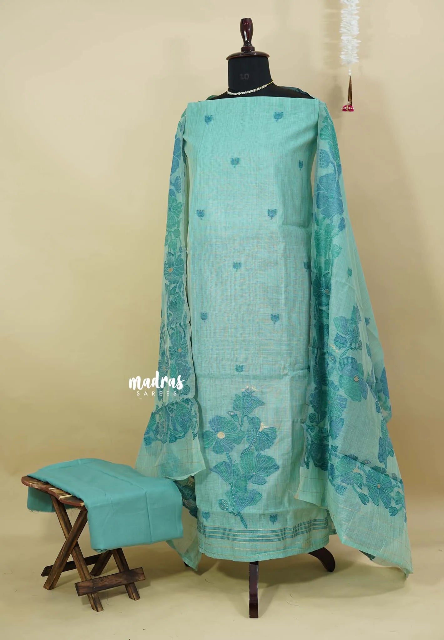 Amitha –  Seafoam Blue Soft muslin silk with thread weaving work dupatta
