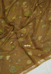 Olive Mustard - Soft Muslin Silk Saree with Tissue Blend and Petite Embroidery | Elegant Office Wear Saree