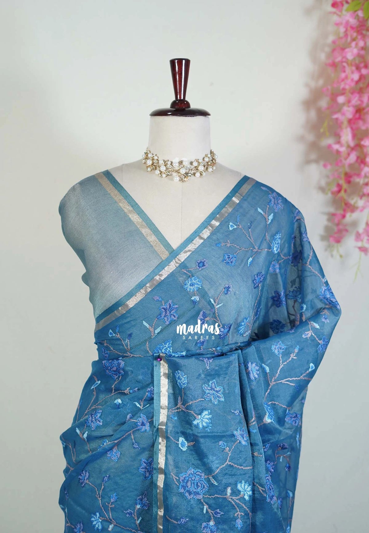 Peacock Blue - Soft Muslin Silk Saree with Tissue Blend and Petite Embroidery | Elegant Office Wear Saree