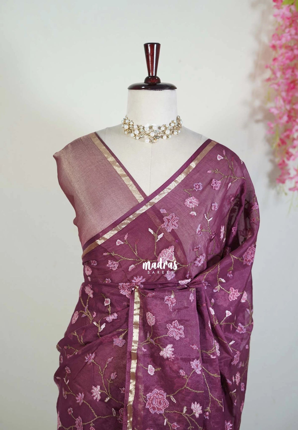 Wine Maroon - Soft Muslin Silk Saree with Tissue Blend and Petite Embroidery | Elegant Office Wear Saree