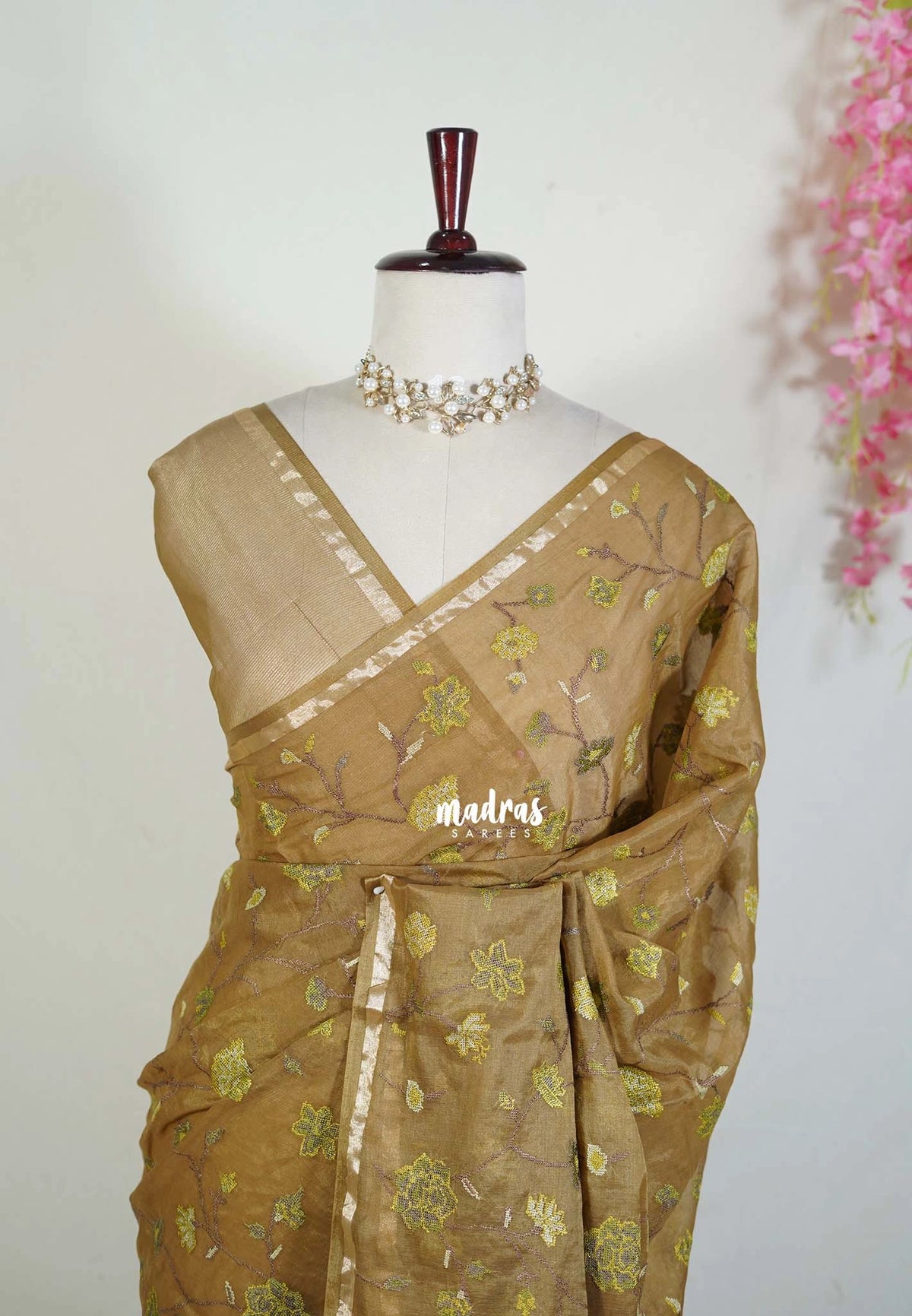 Olive Mustard - Soft Muslin Silk Saree with Tissue Blend and Petite Embroidery | Elegant Office Wear Saree