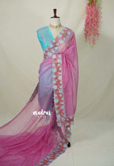 Rose Pink - Soft Organza Silk with Full Handmade Cutwork Border - Best for Party Wear