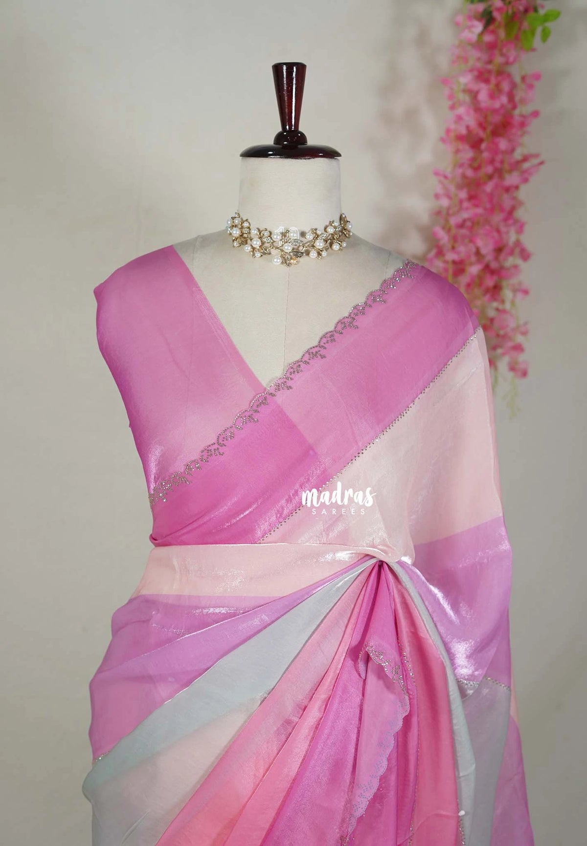 Creamy Pink - Organza Satin Silk Saree with Stone Work and Multicolour Border & Scallop Border