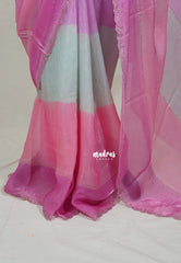 Creamy Pink - Organza Satin Silk Saree with Stone Work and Multicolour Border & Scallop Border