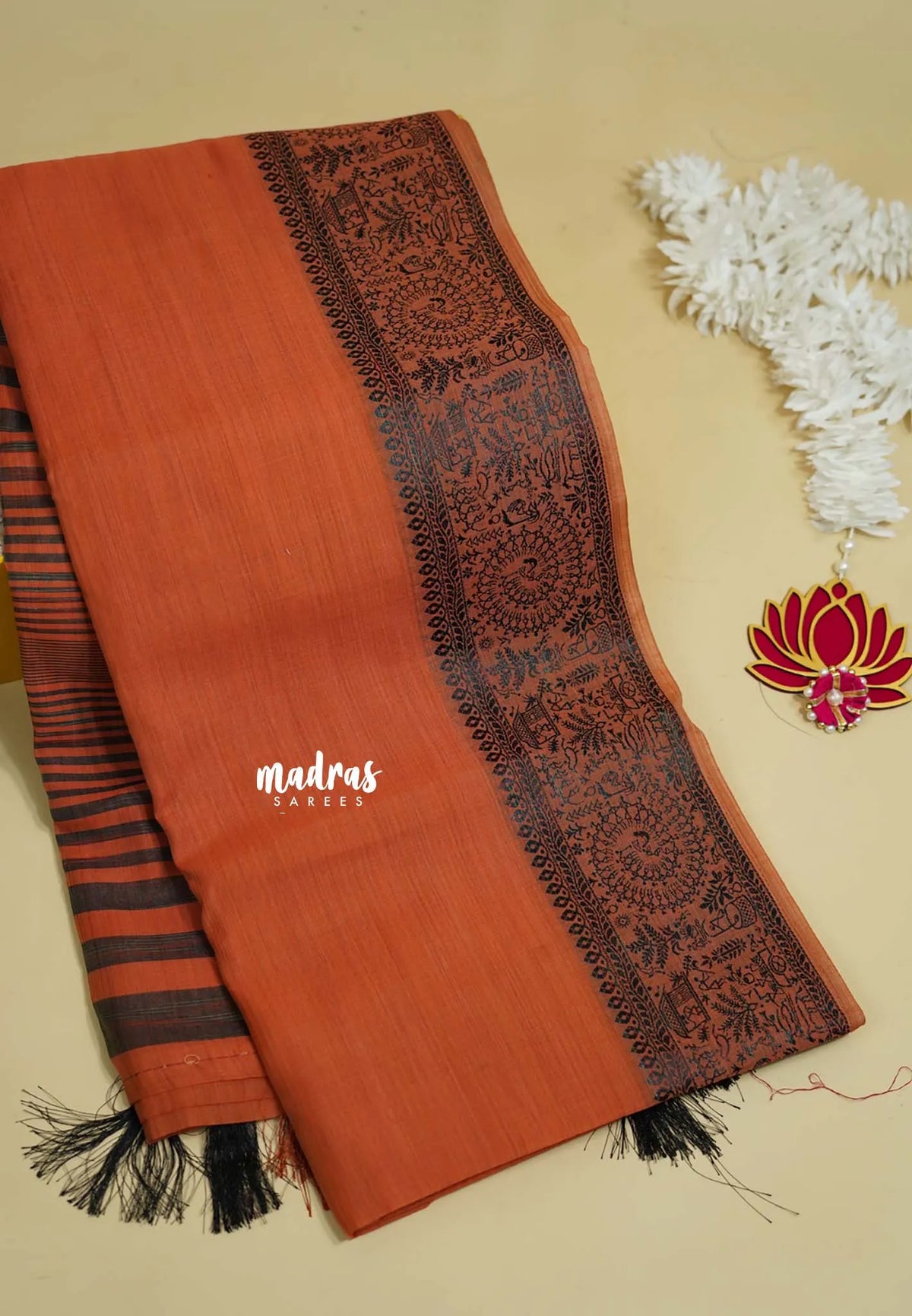 Orange - Premium Soft Slub Cotton with Warli Weaving Border