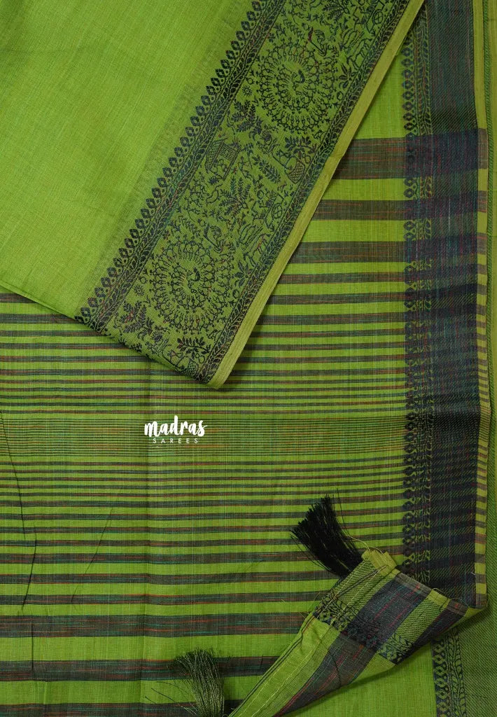 Pretty Parrot Green - Premium Soft Slub Cotton with Warli Weaving Border