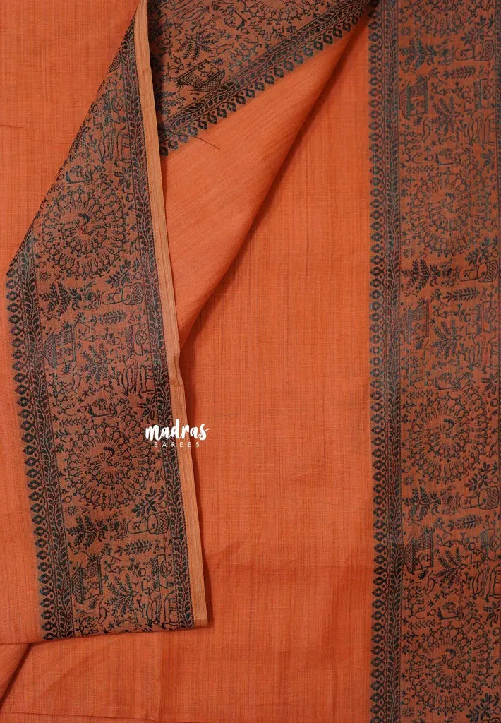 Orange - Premium Soft Slub Cotton with Warli Weaving Border