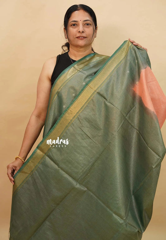 Mild Orange with Olive Green - Soft Tissue khadi zari Border with buttas