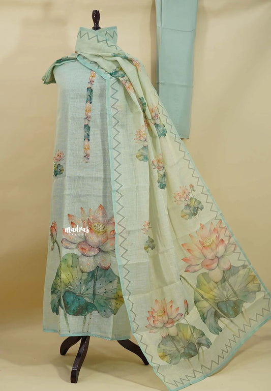 Amitha – Aqua Blue Tissue Linen Salwar Suit with Lotus Digital Prints & Hand Embroidery