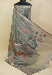 Silver Grey - Soft tissue silk with pen kalamkari patch work