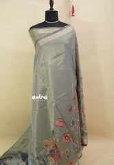 Silver Grey - Soft tissue silk with pen kalamkari patch work