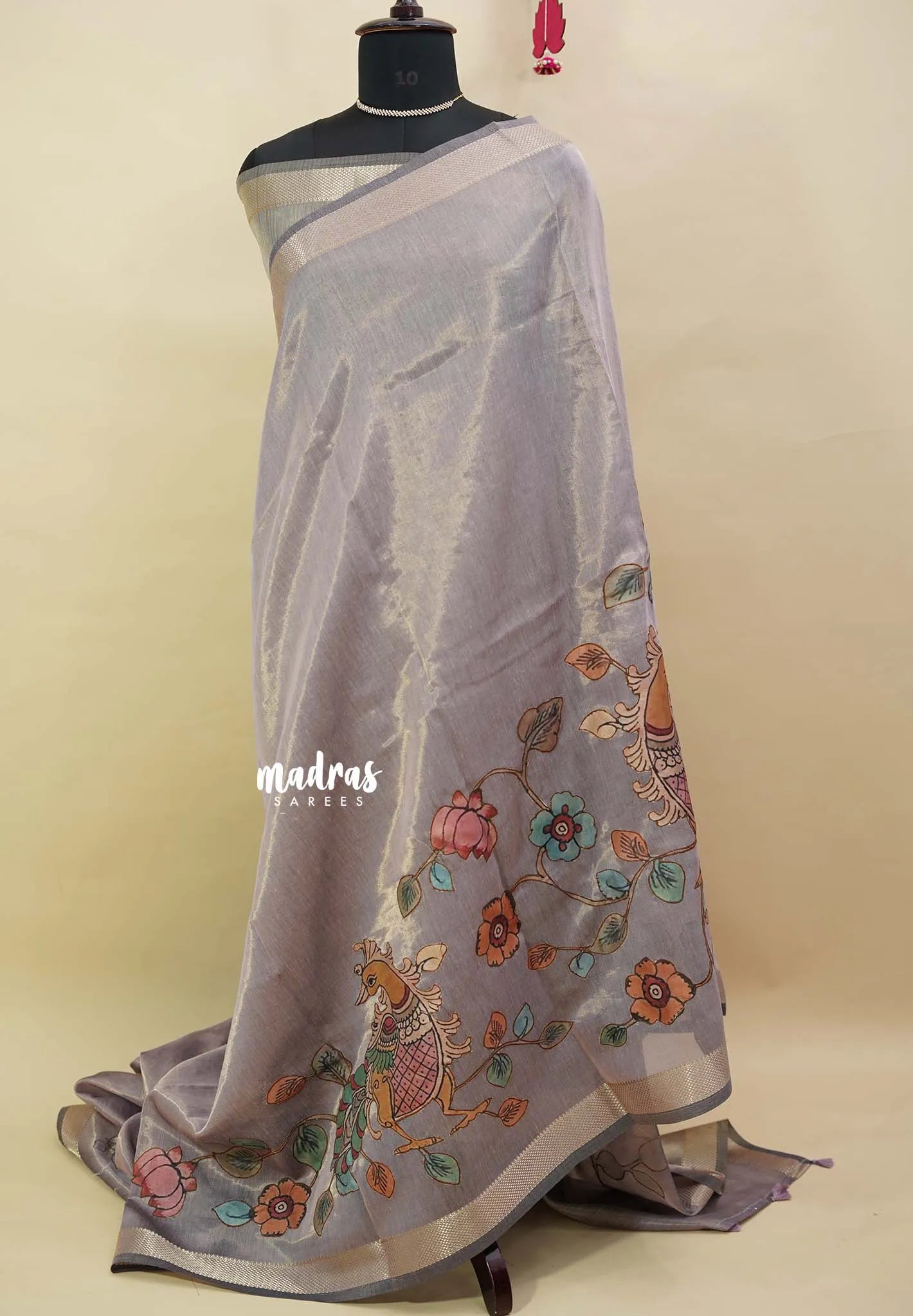 Moonlit Lavender - Soft tissue silk with pen kalamkari patch work