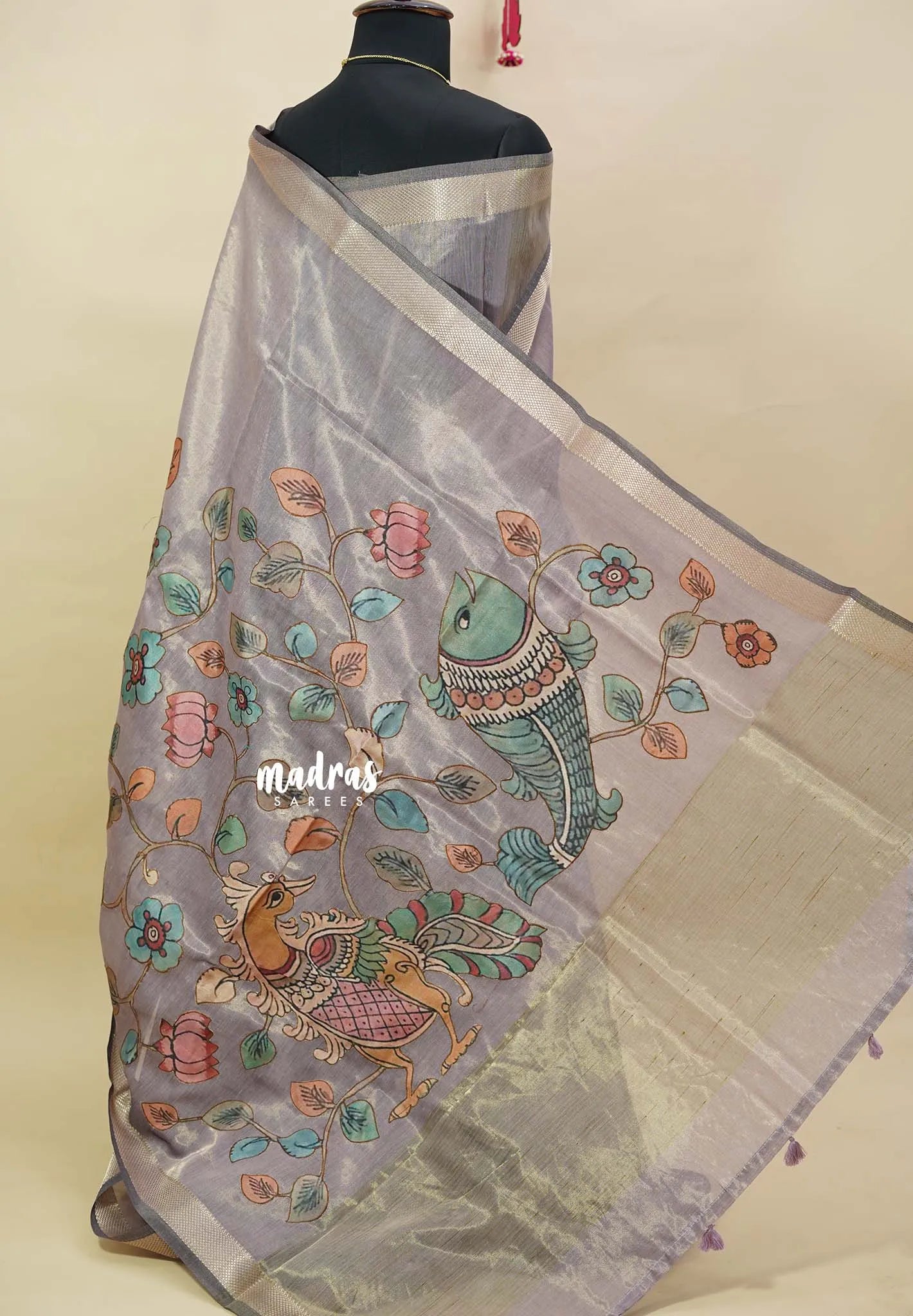 Moonlit Lavender - Soft tissue silk with pen kalamkari patch work