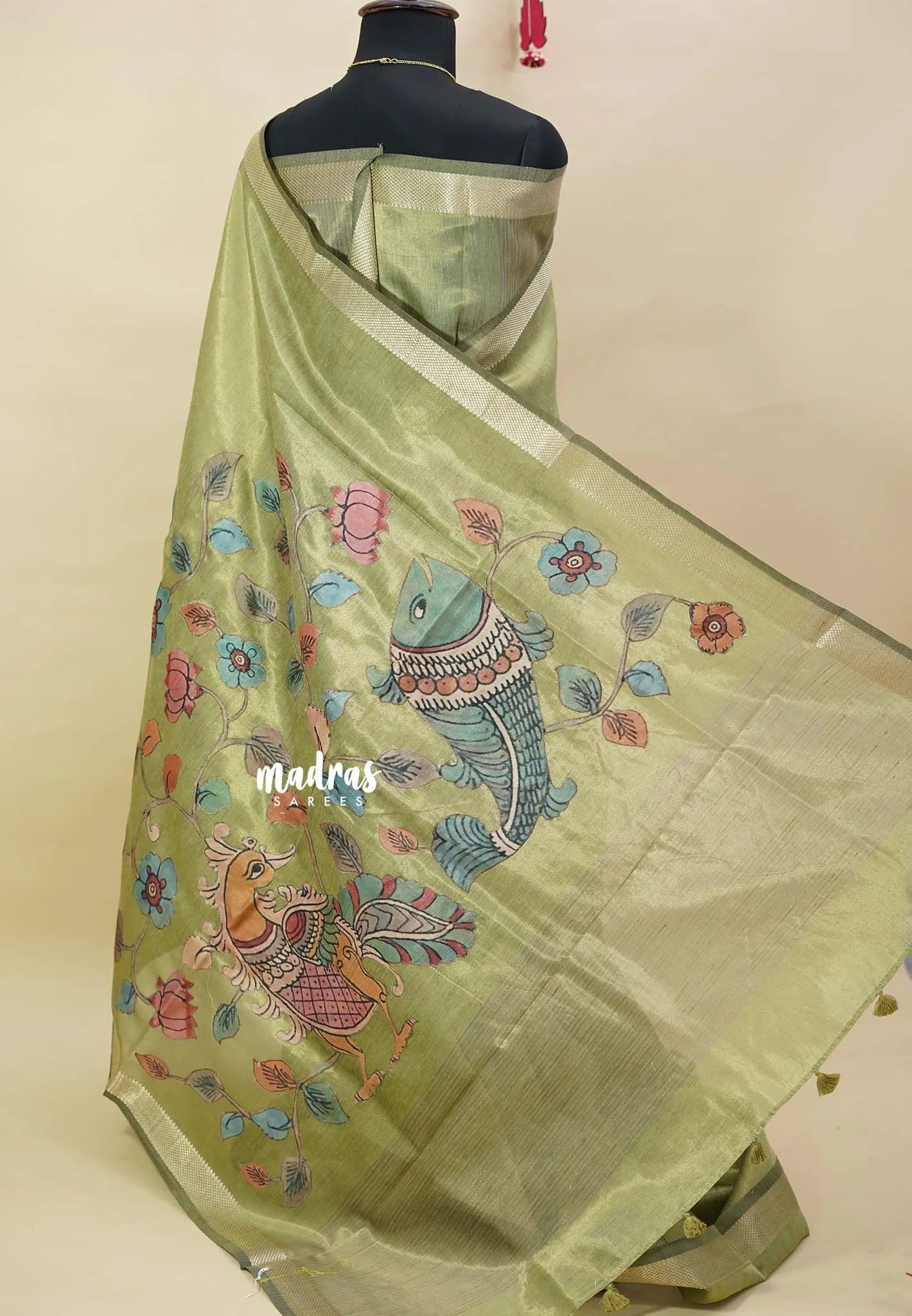 Olive Green - Soft tissue silk with pen kalamkari patch work