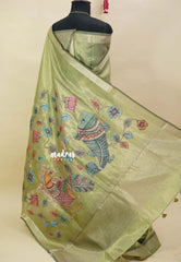 Olive Green - Soft tissue silk with pen kalamkari patch work