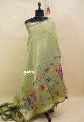 Olive Green - Soft tissue silk with pen kalamkari patch work
