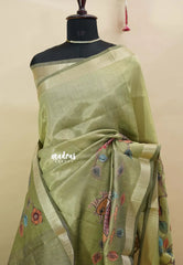 Olive Green - Soft tissue silk with pen kalamkari patch work