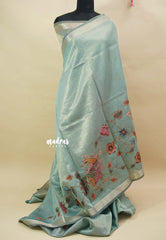 Pastel Aqua Blue - Soft tissue silk with pen kalamkari patch work